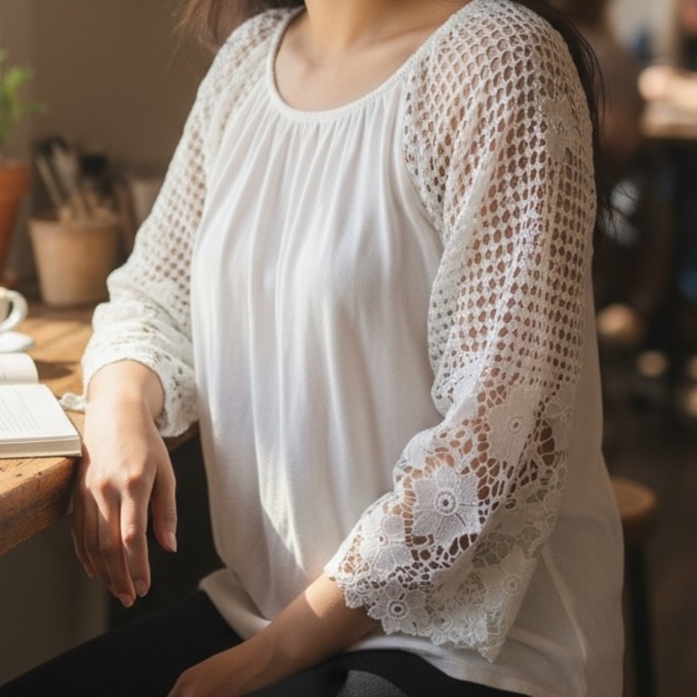 White Lace Women’s Blouse Size M | Boho Crochet Sleeve Peasant Top - Picture 3 of 8